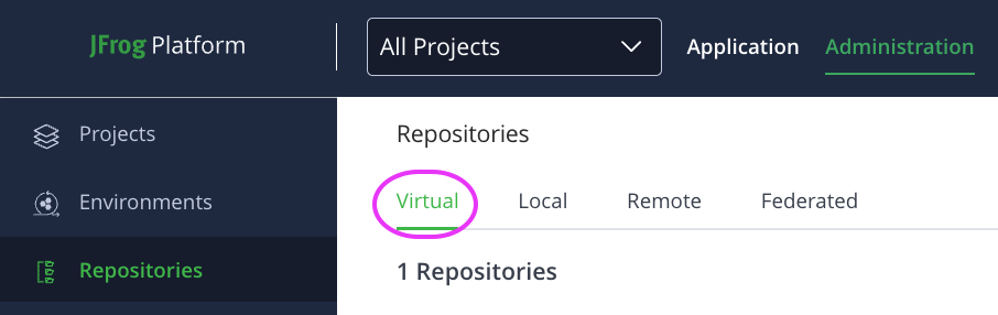 JFrog Artifactory Repositories page showing the Virtual subtab selected